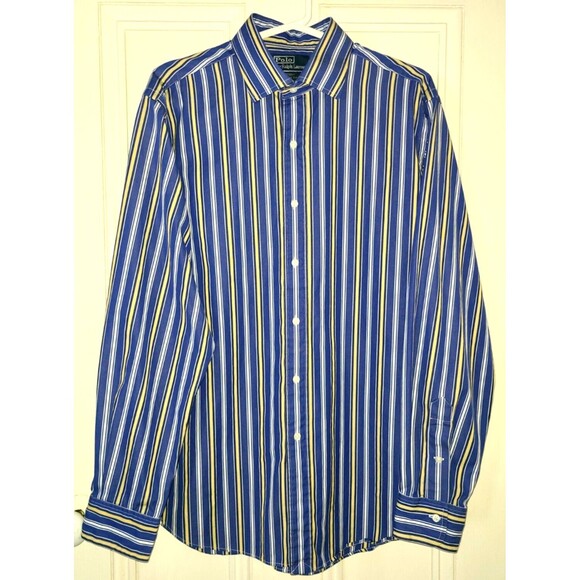Vtg Polo Ralph Lauren button down royal blue & yellow striped shirt, size L - Picture 1 of 9